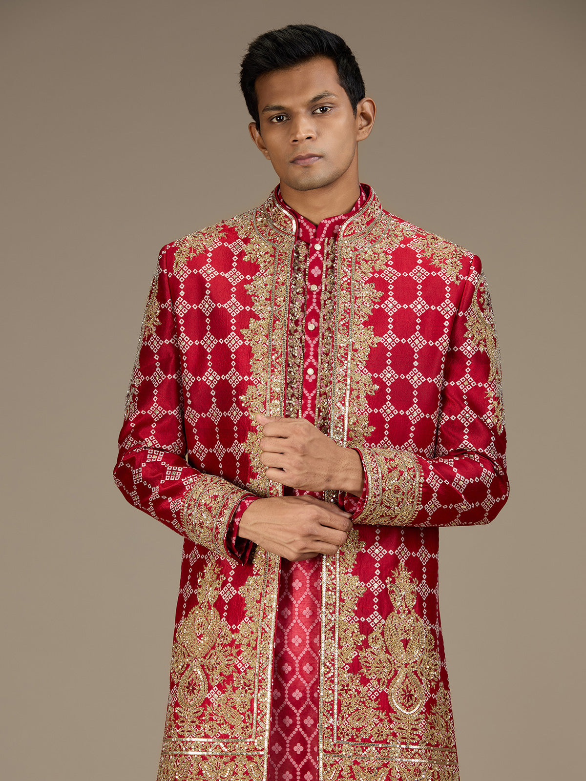 Red mens royal bandhani indo western jacket set