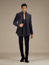 Blue mens contemporary velvet indo western jacket set