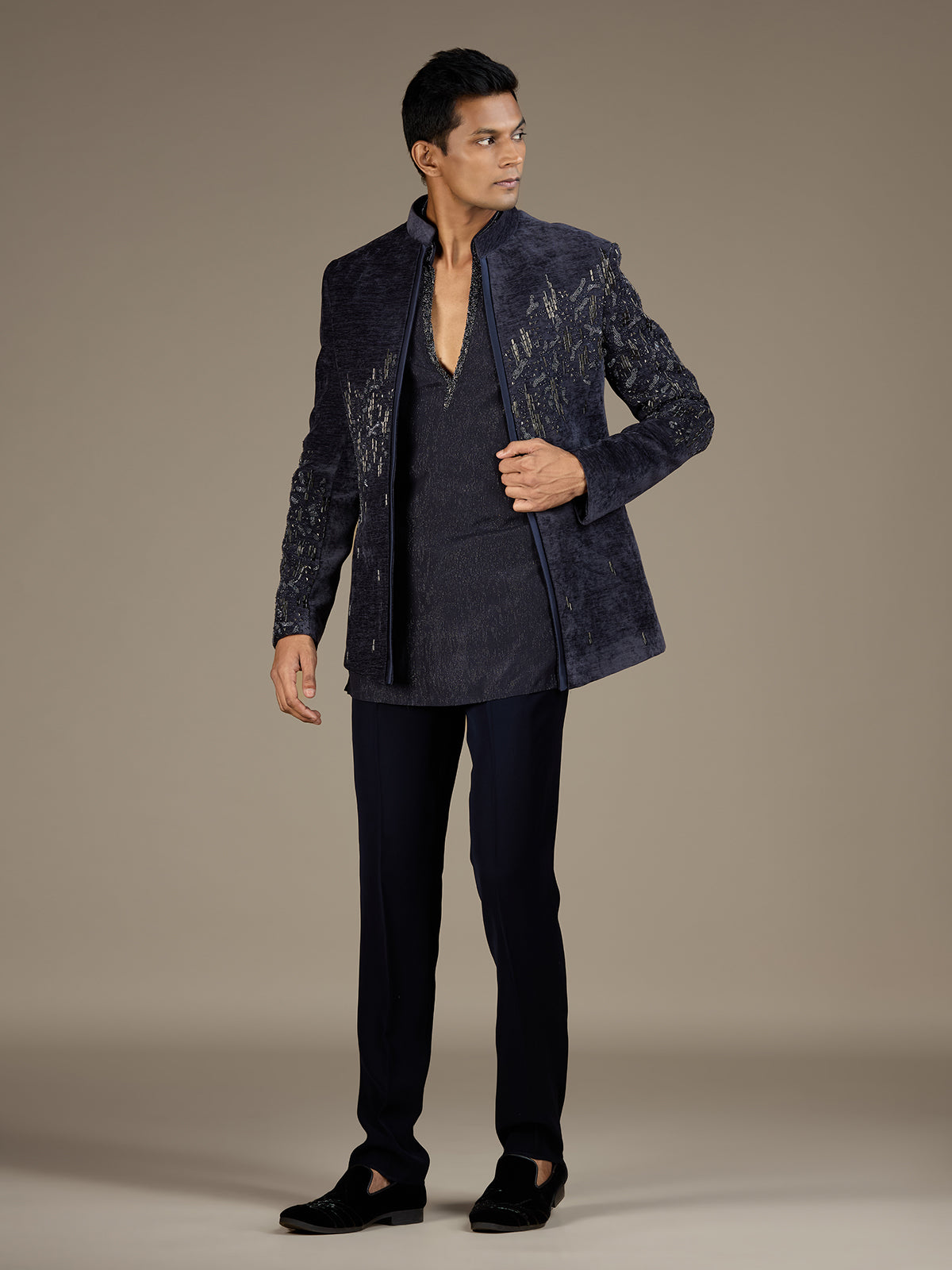 Blue mens contemporary velvet indo western jacket set
