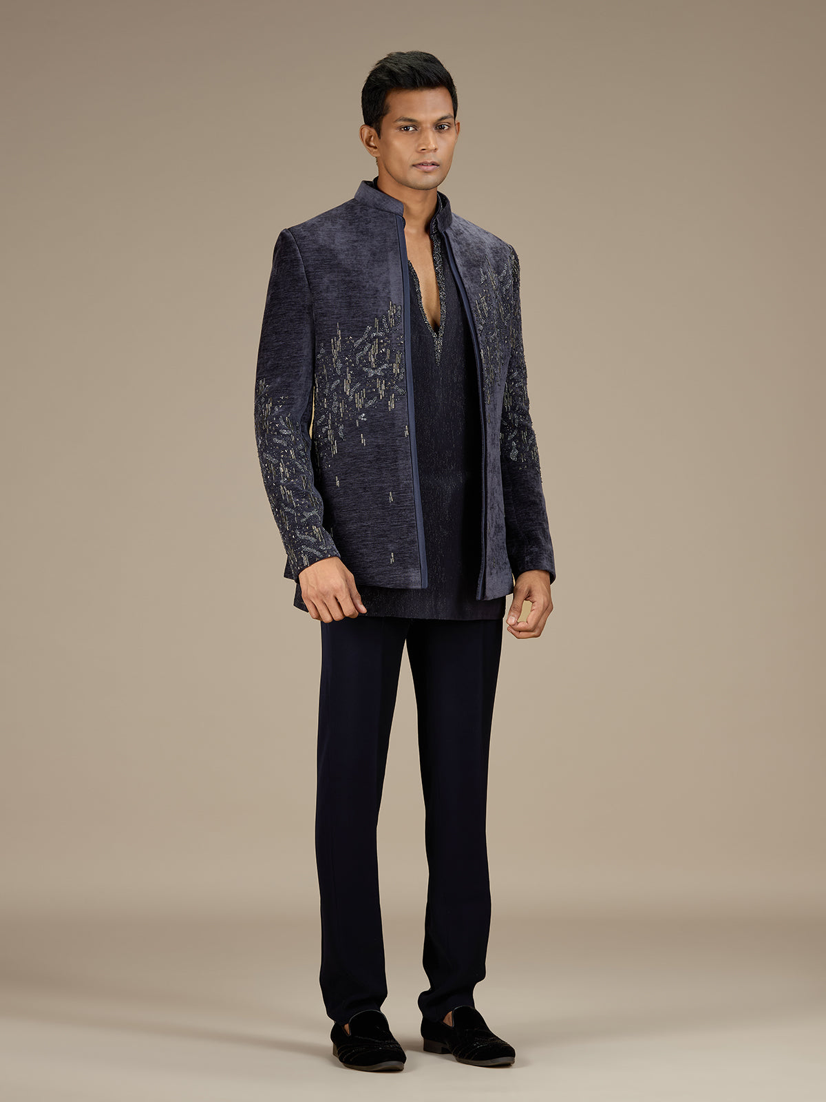 Blue mens contemporary velvet indo western jacket set