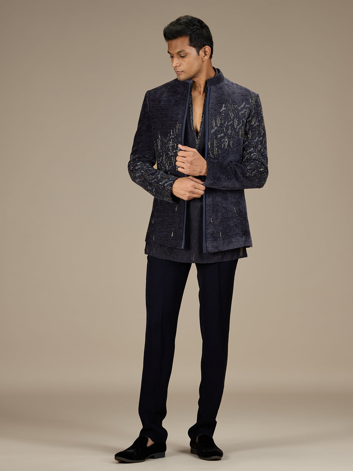 Blue mens contemporary velvet indo western jacket set
