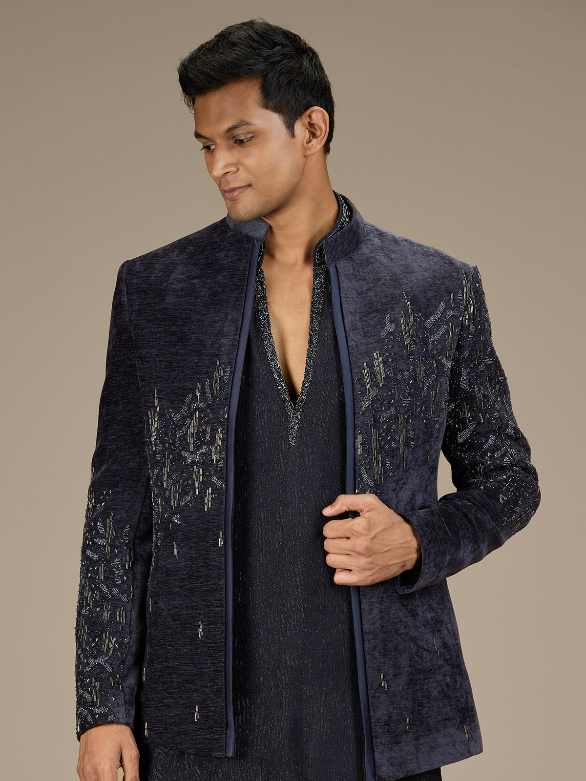 Blue mens contemporary velvet indo western jacket set
