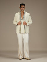 Beige mens premium short indo western jacket set