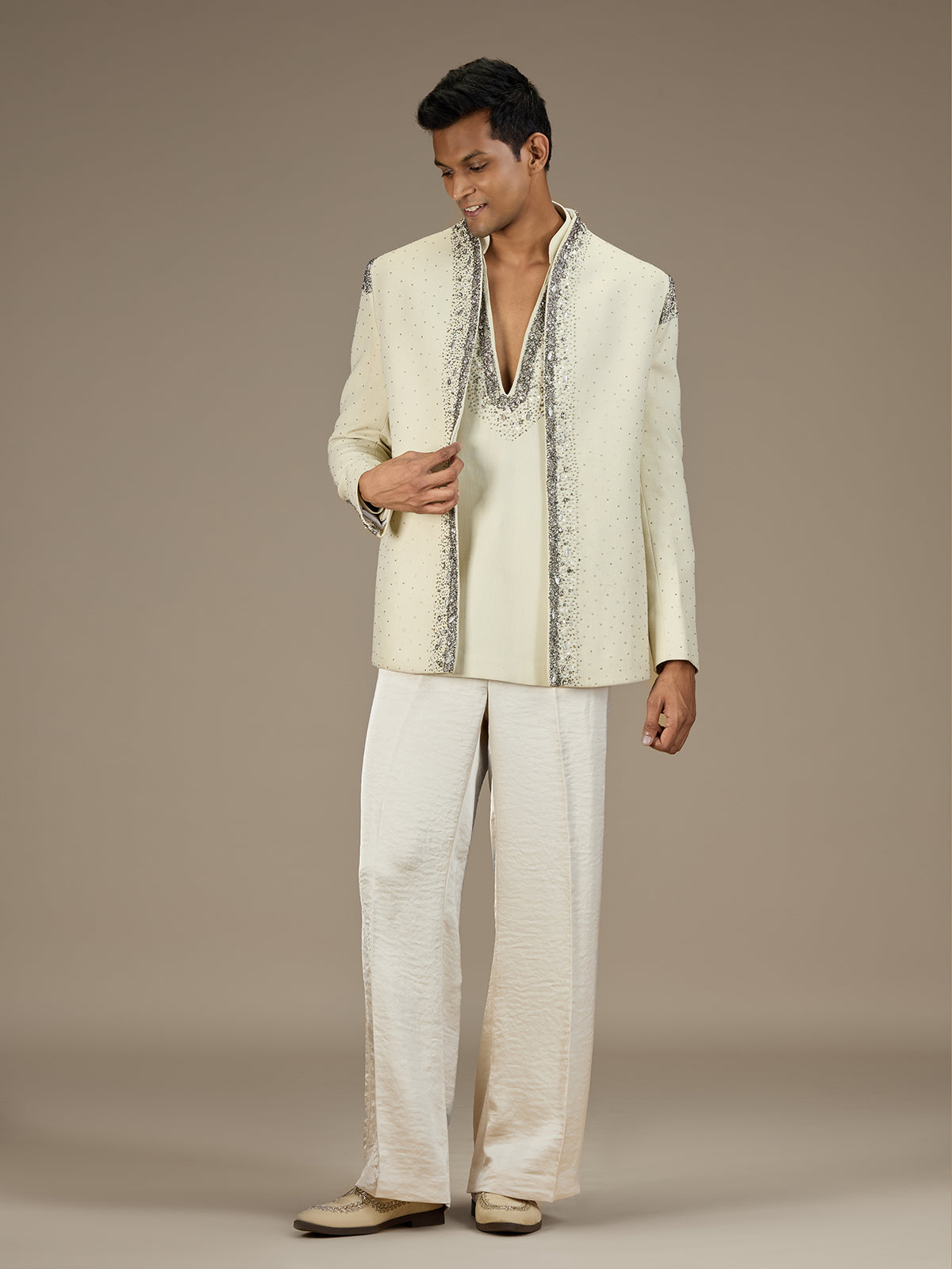 Beige mens premium short indo western jacket set
