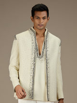 Beige mens premium short indo western jacket set