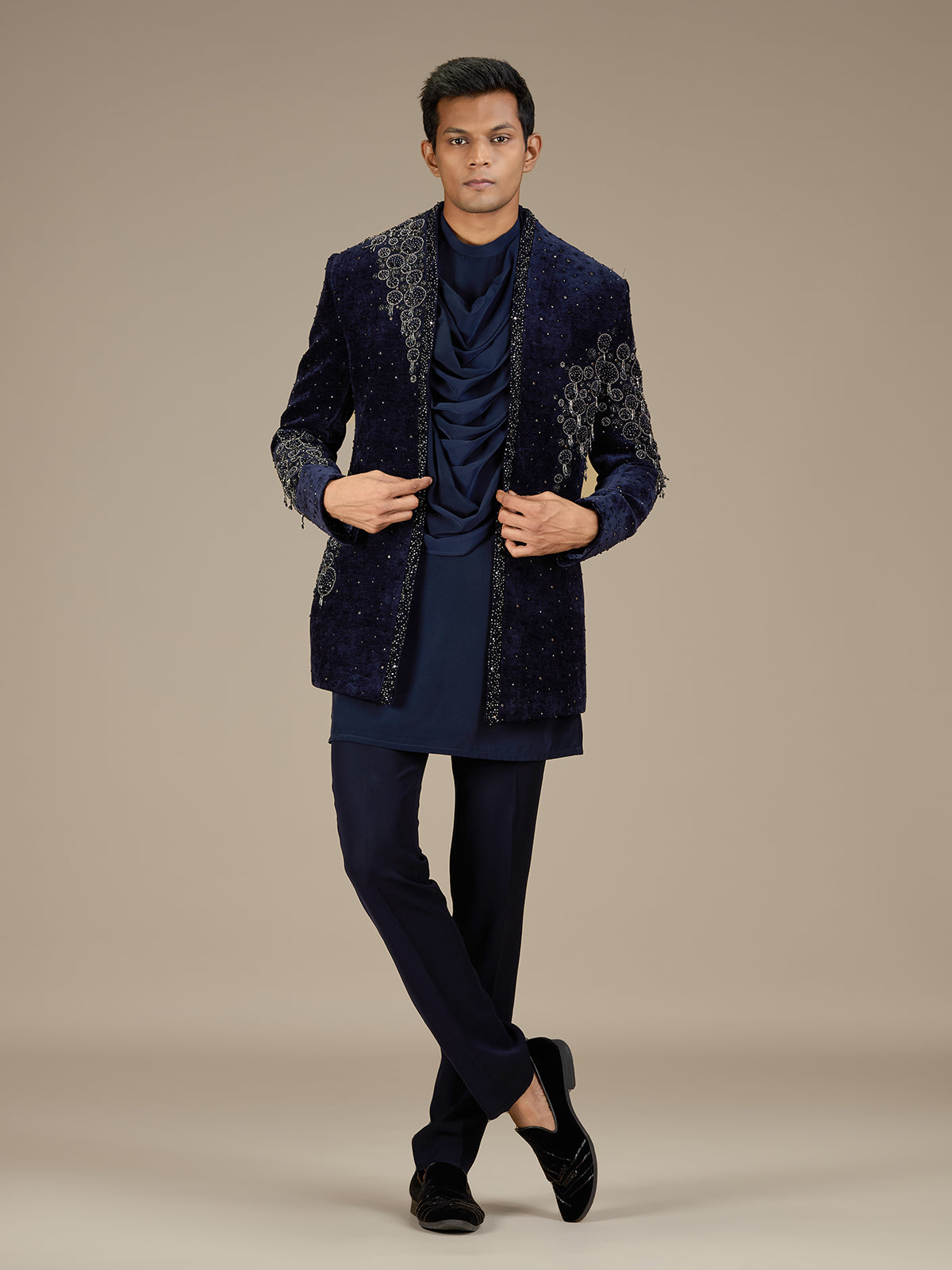 Navy blue mens luxury velvet indo western set