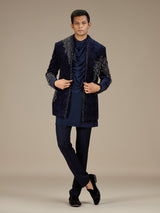 Navy blue mens luxury velvet indo western set
