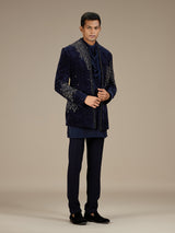 Navy blue mens luxury velvet indo western set