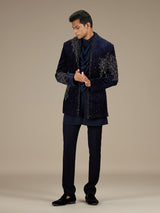 Navy blue mens luxury velvet indo western set