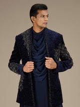 Navy blue mens luxury velvet indo western set