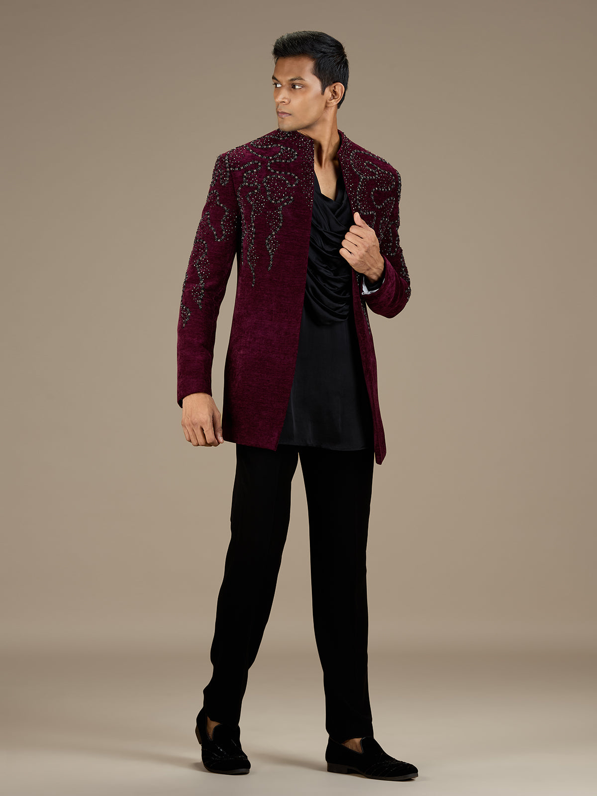 Maroon mens statement velvet indo western jacket