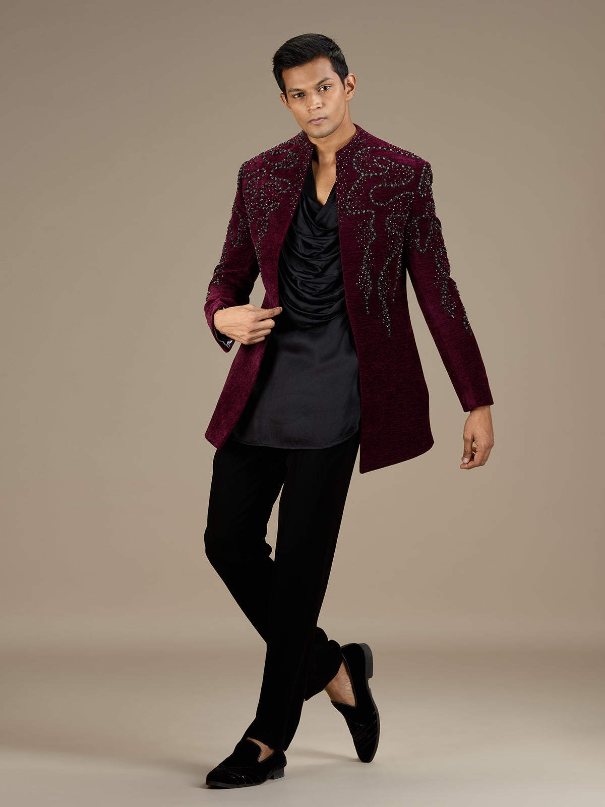 Maroon mens statement velvet indo western jacket