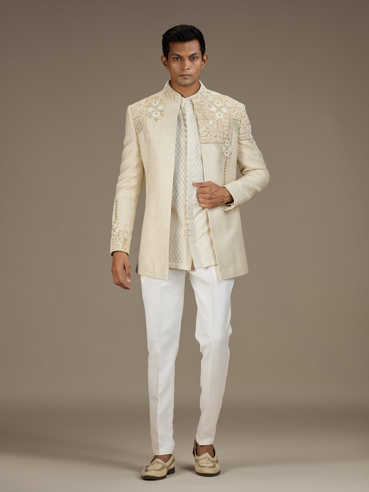 Beige mens artisanal indo western jacket set