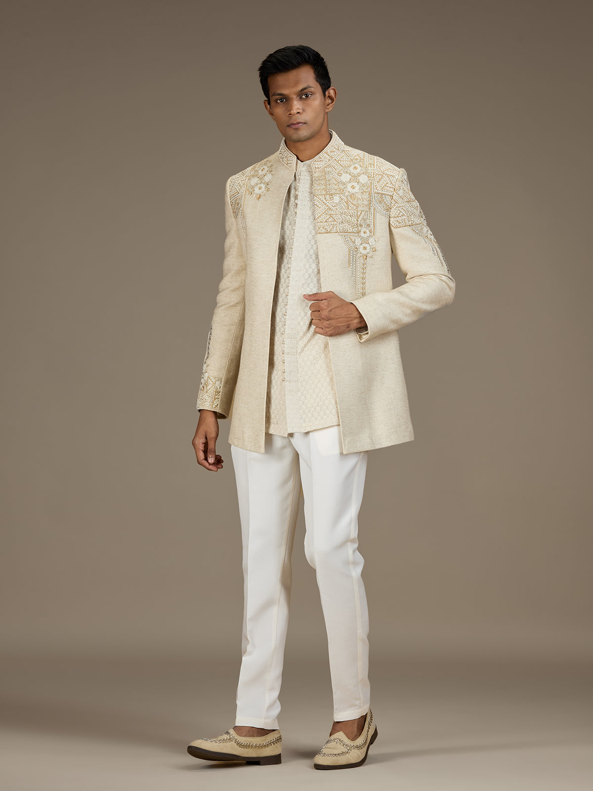 Beige mens artisanal indo western jacket set