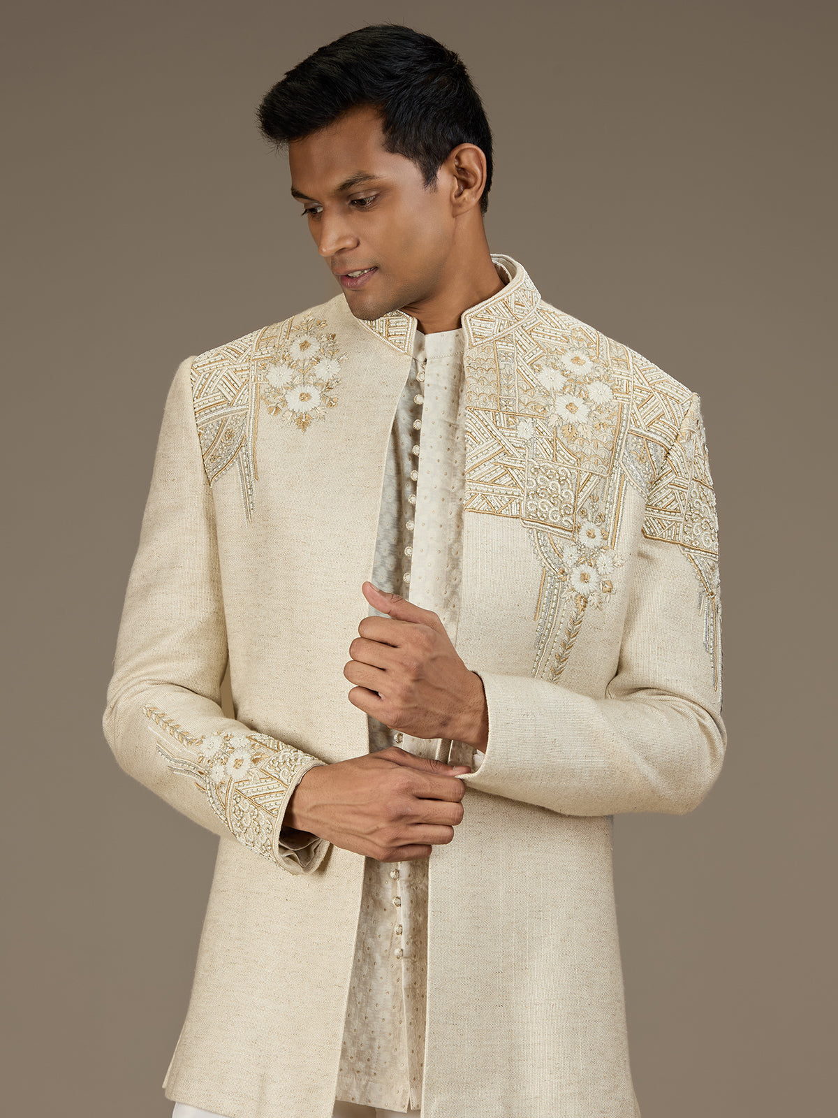 Beige mens artisanal indo western jacket set