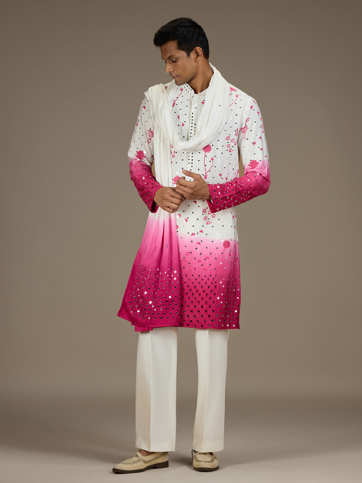 White pink mens artisanal silk kurta suit with dupatta
