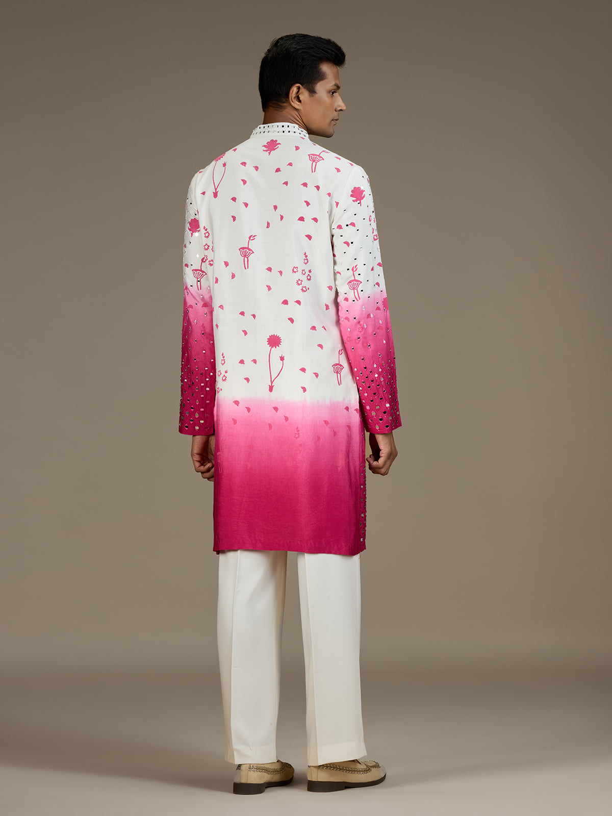 White pink mens artisanal silk kurta suit with dupatta