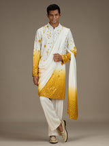 White yellow mens artisanal silk kurta suit with dupatta