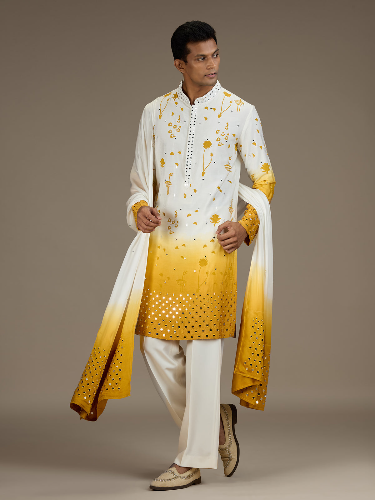 White yellow mens artisanal silk kurta suit with dupatta