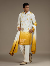 White yellow mens artisanal silk kurta suit with dupatta