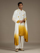 White yellow mens artisanal silk kurta suit with dupatta
