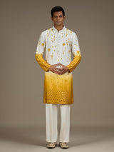 White yellow mens artisanal silk kurta suit with dupatta