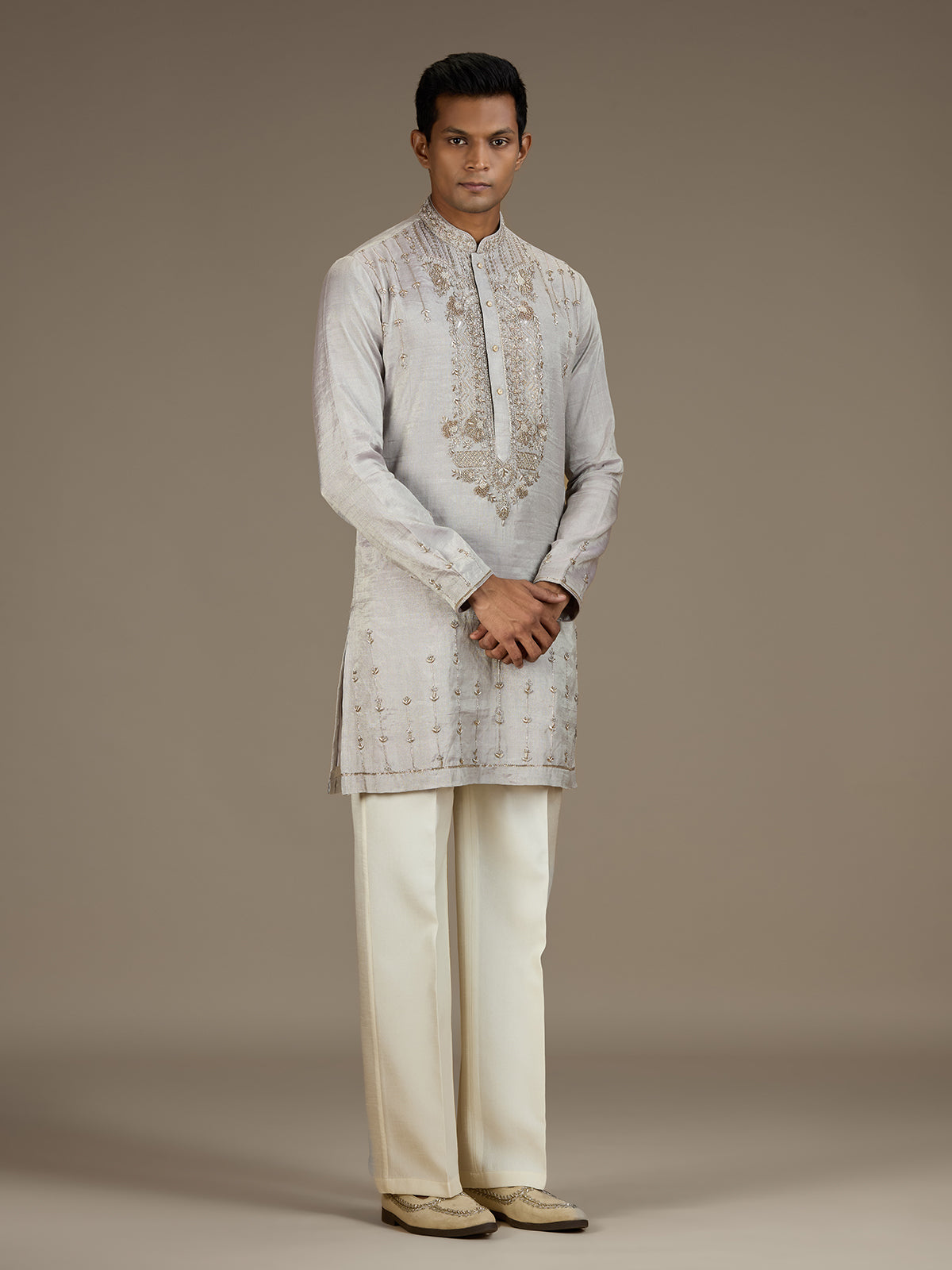 Grey mens opulent tissue kurta suit with pant