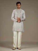 Grey mens opulent tissue kurta suit with pant