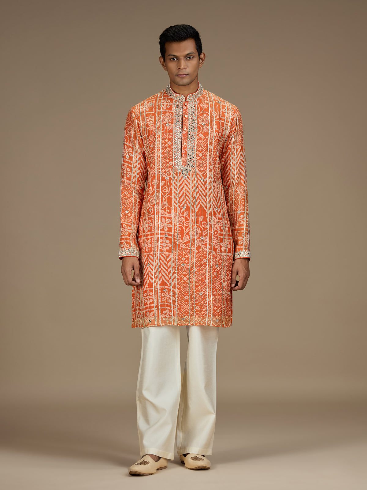Orange mens regal bandhani embroidered kurta pyjama