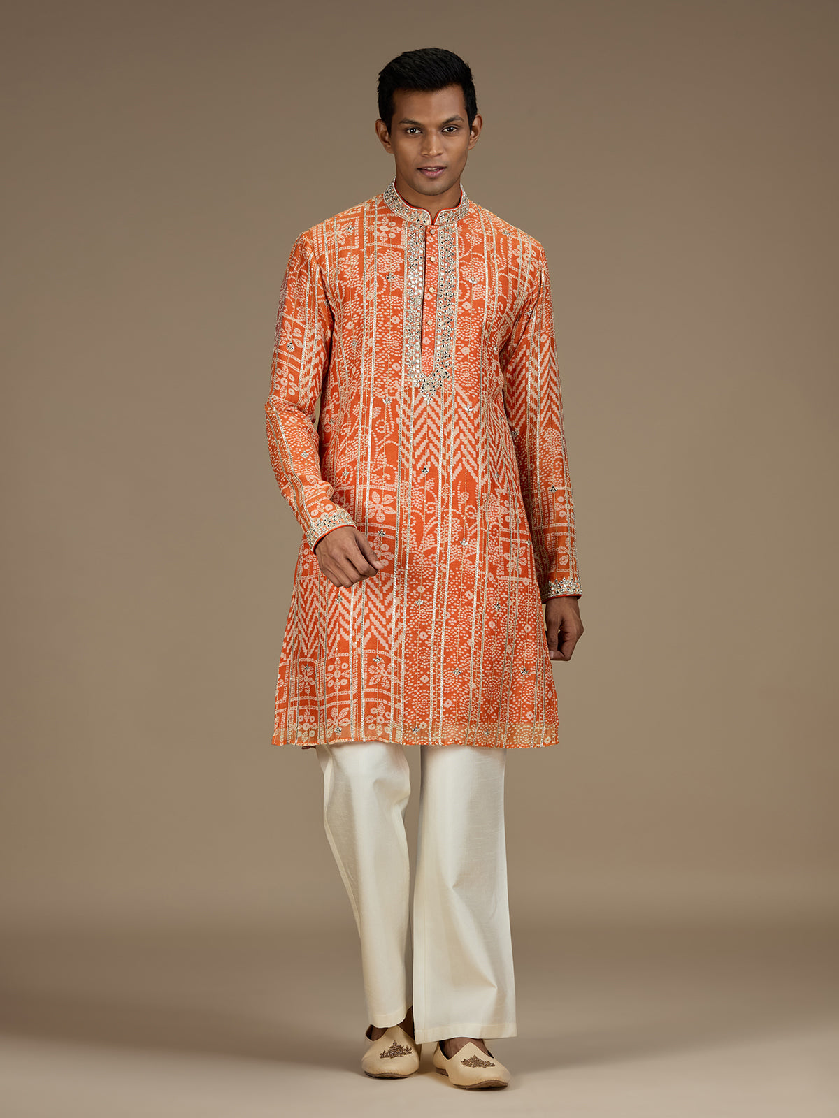 Orange mens regal bandhani embroidered kurta pyjama