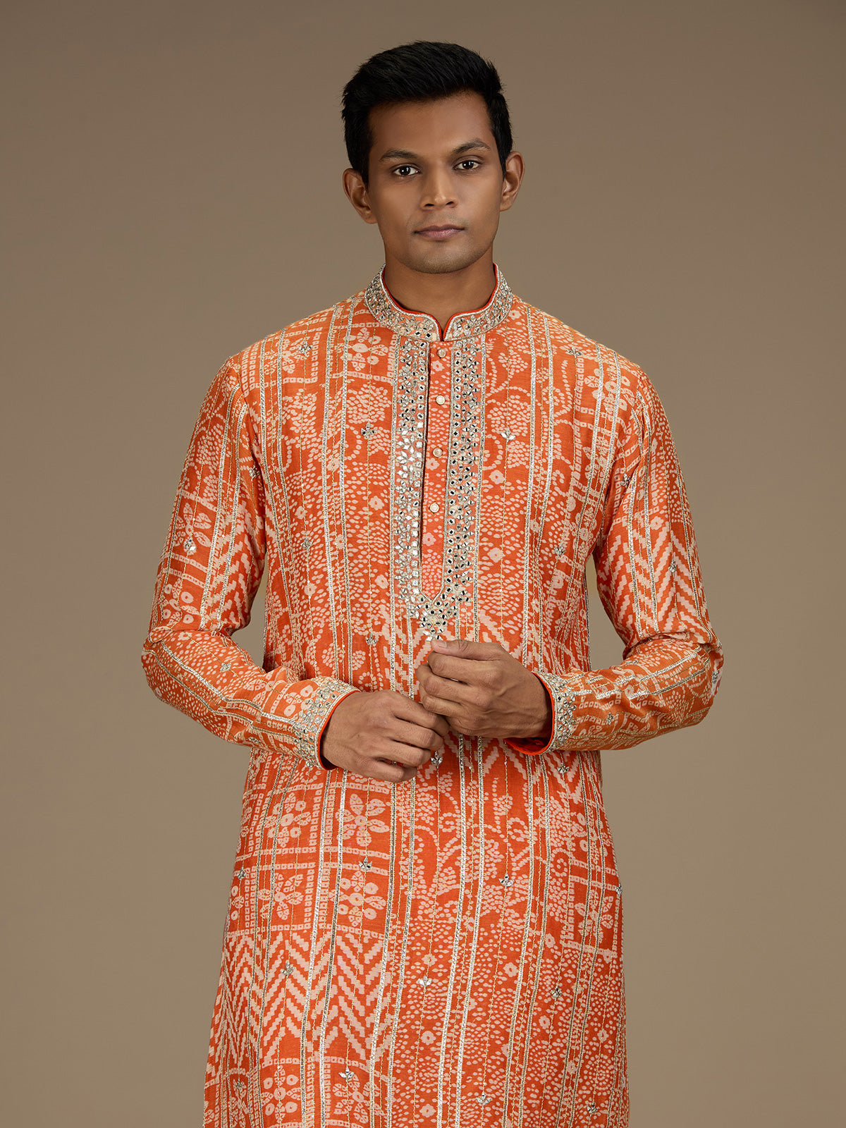 Orange mens regal bandhani embroidered kurta pyjama