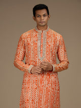 Orange mens regal bandhani embroidered kurta pyjama