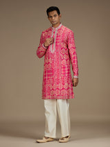 Pink mens royal bandhani embroidered kurta pyjama