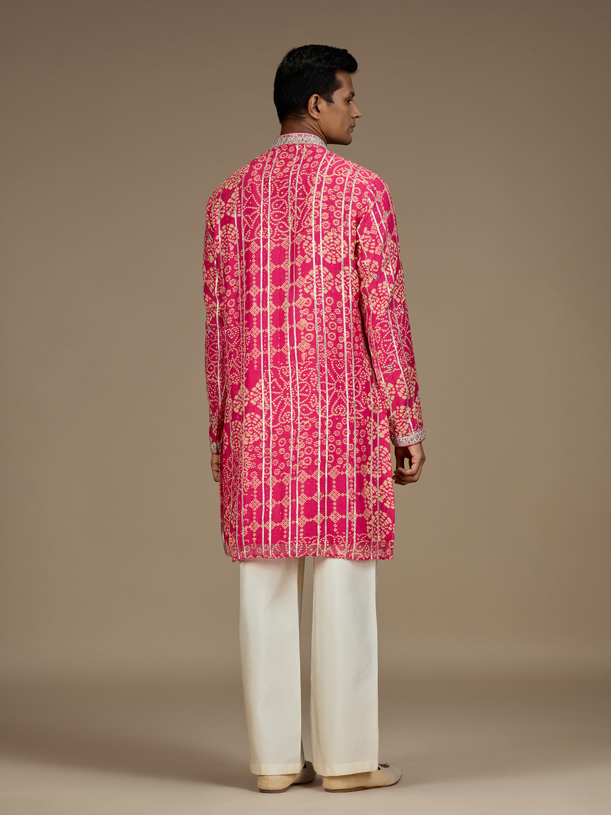 Pink mens royal bandhani embroidered kurta pyjama