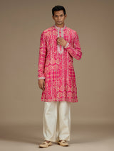 Pink mens royal bandhani embroidered kurta pyjama