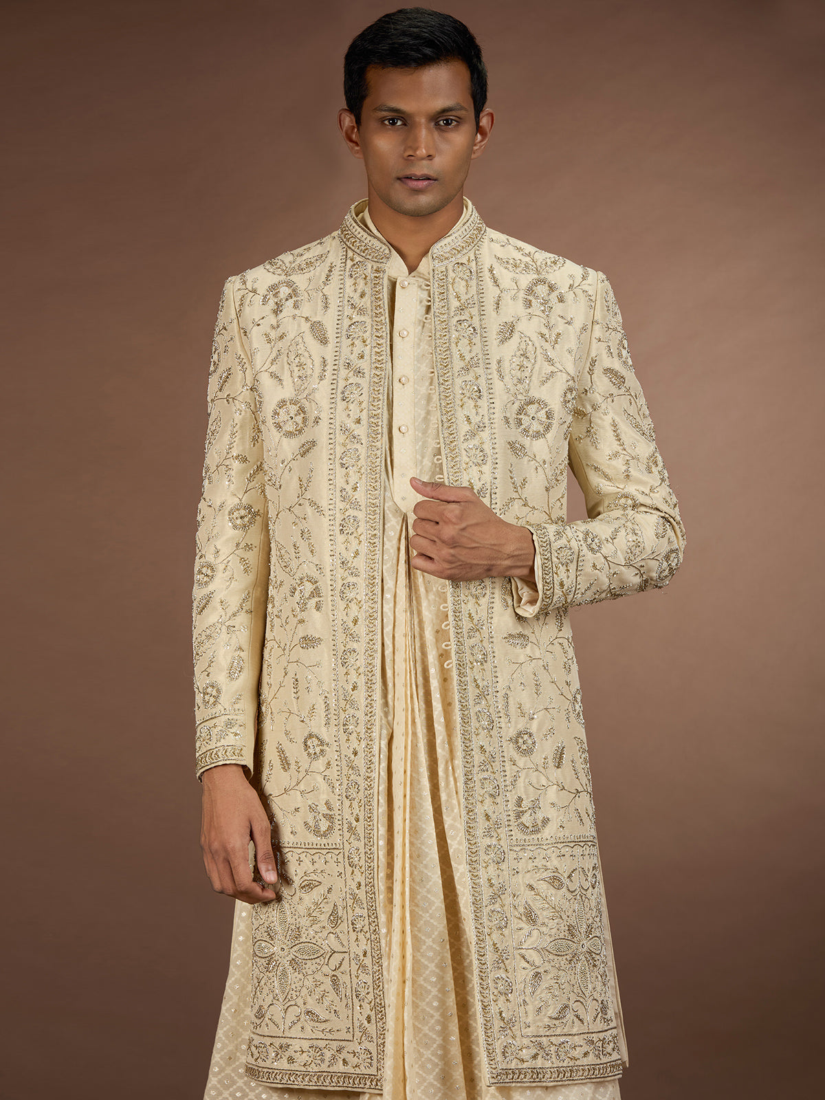 Beige mens distinguished designer sherwani