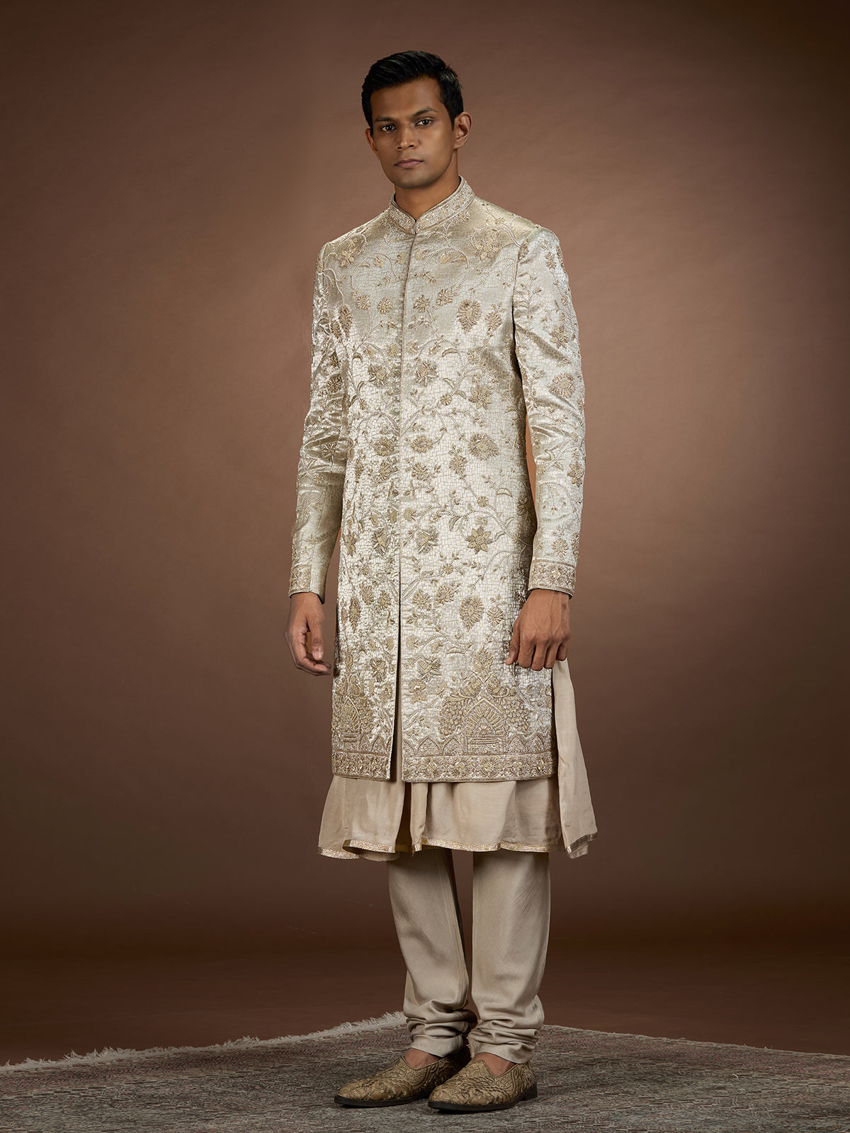 Gold mens opulent tissue brocade sherwani