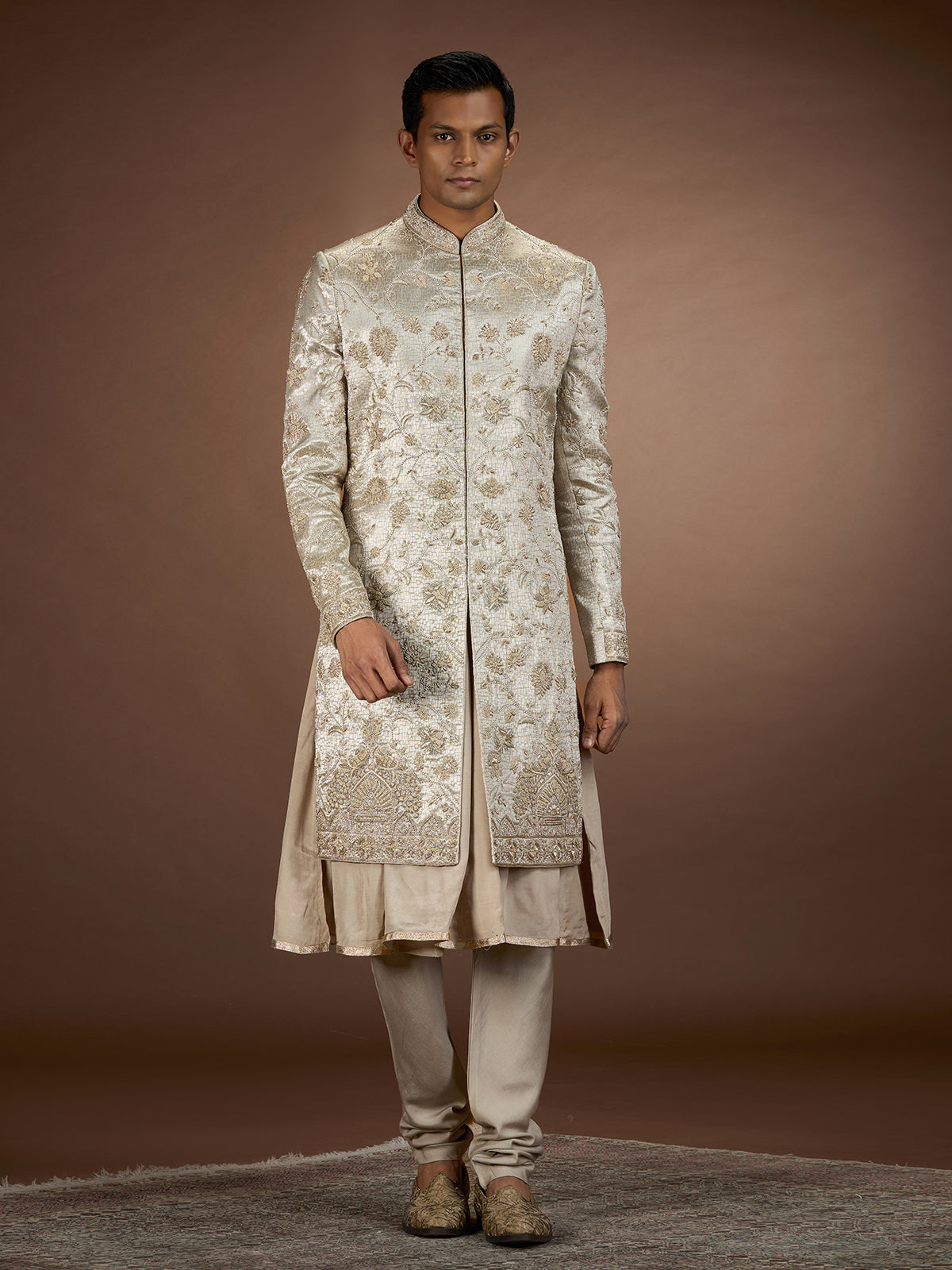 Gold mens opulent tissue brocade sherwani