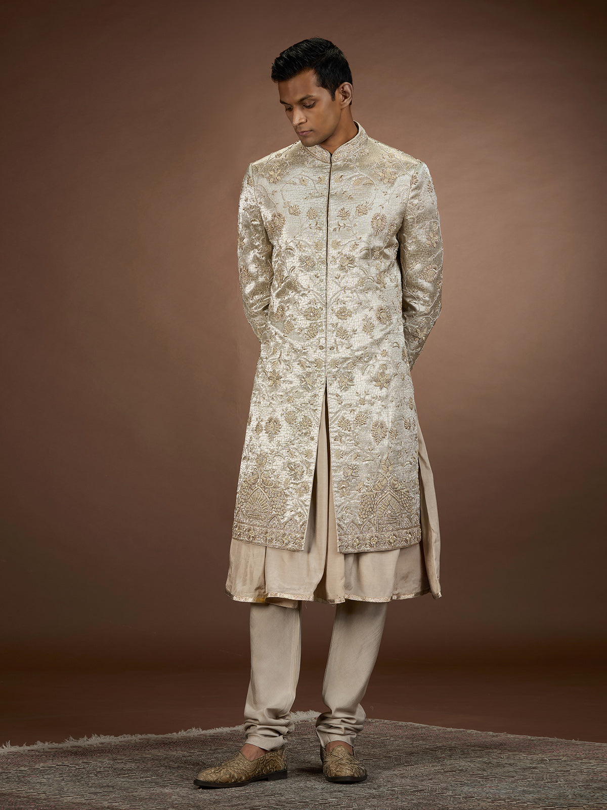 Gold mens opulent tissue brocade sherwani