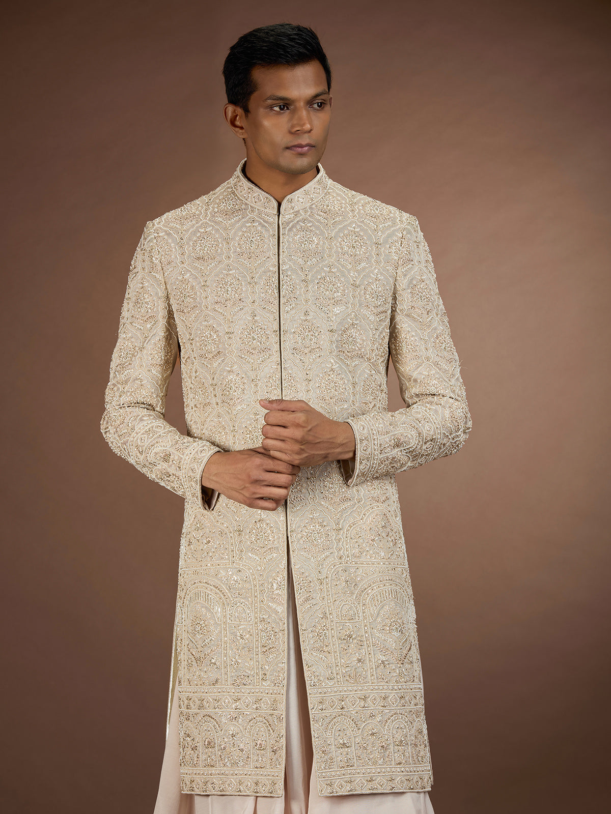Rose gold mens regal embroidered sherwani