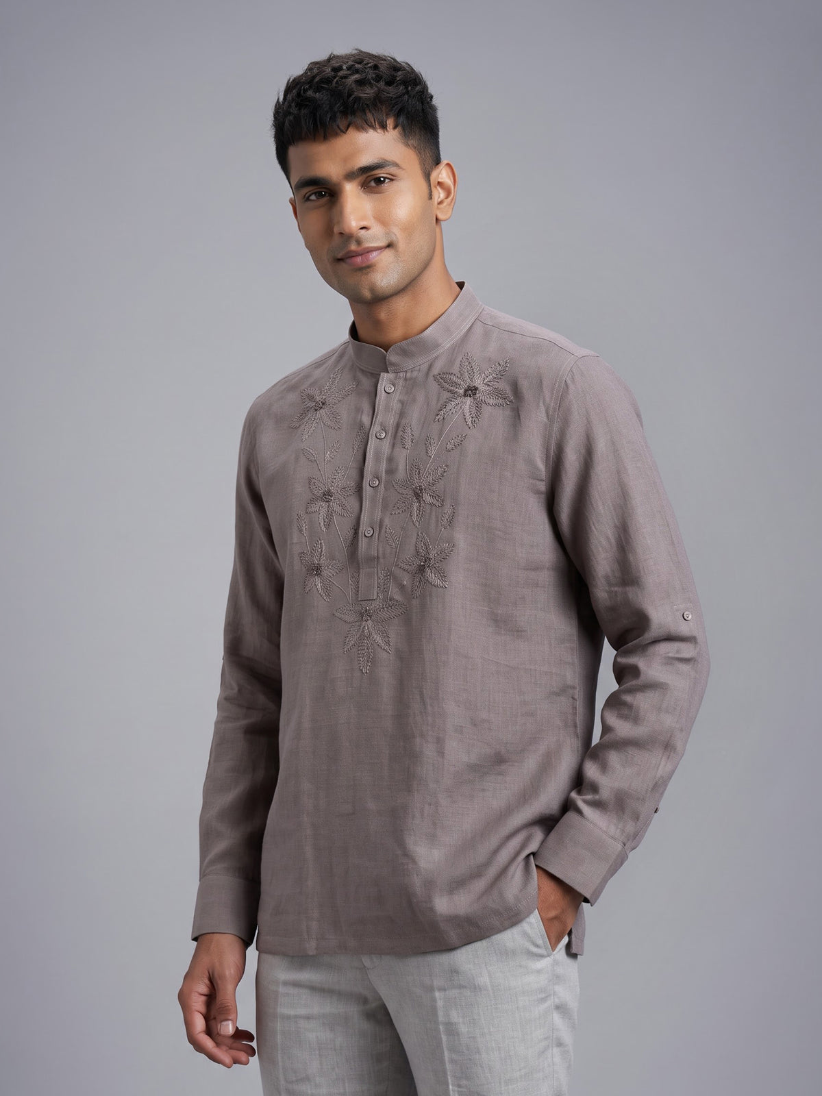 Light brown linen embroidered men festive kurta