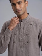 Light brown linen embroidered men festive kurta