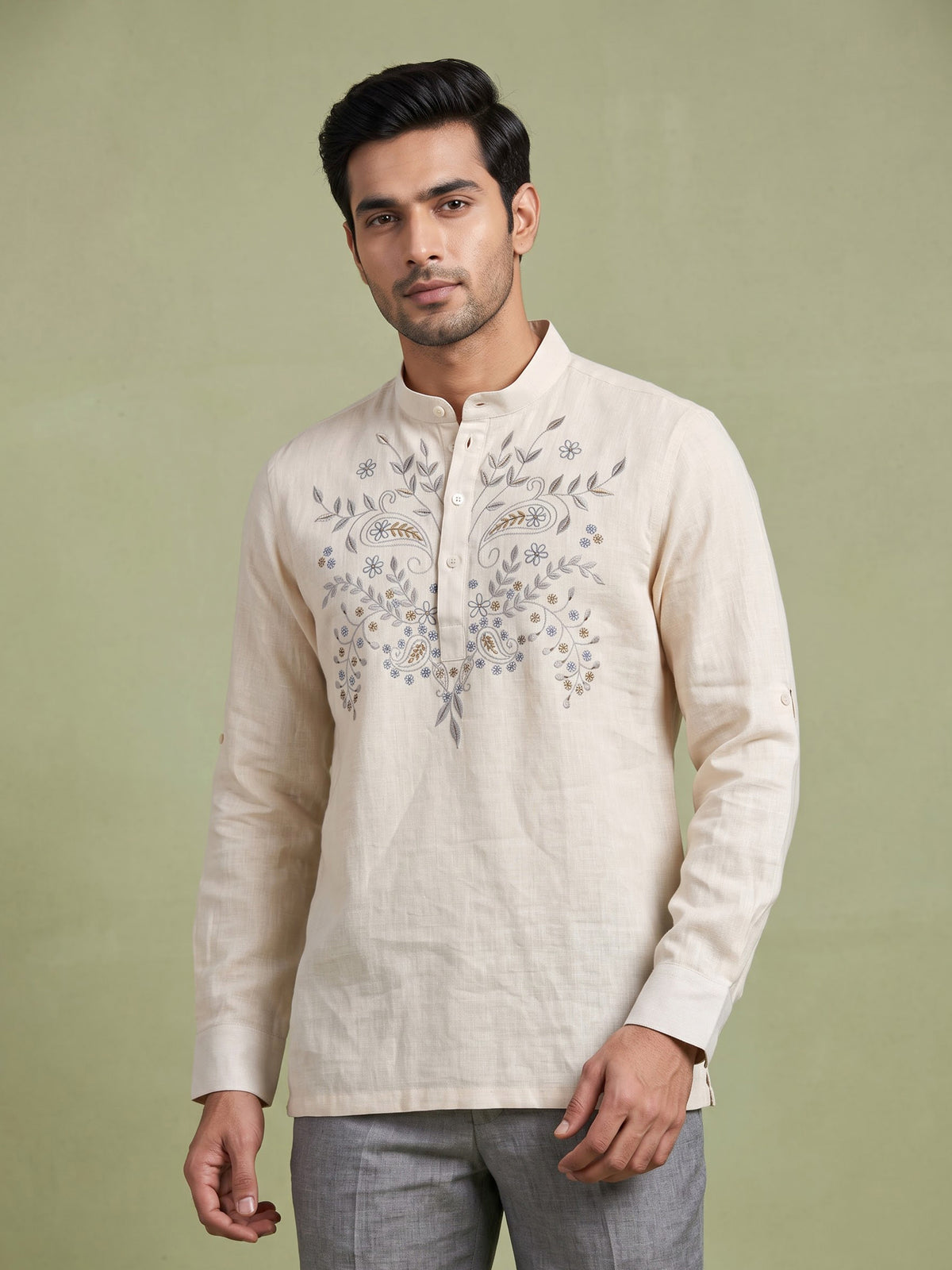 Cream linen embroidered men festive short kurta