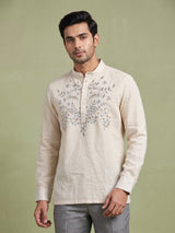 Cream linen embroidered men festive short kurta