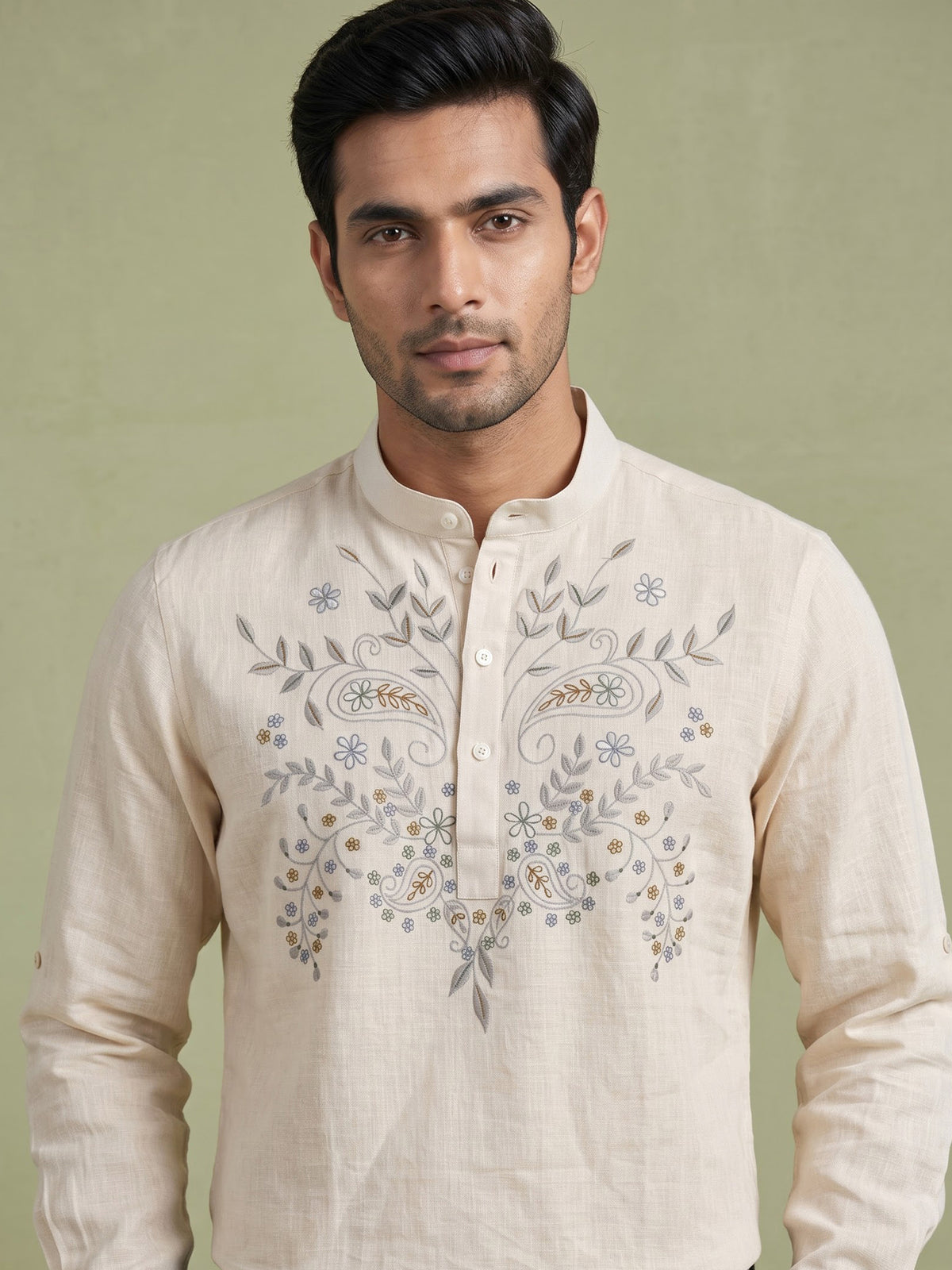 Cream linen embroidered men festive short kurta