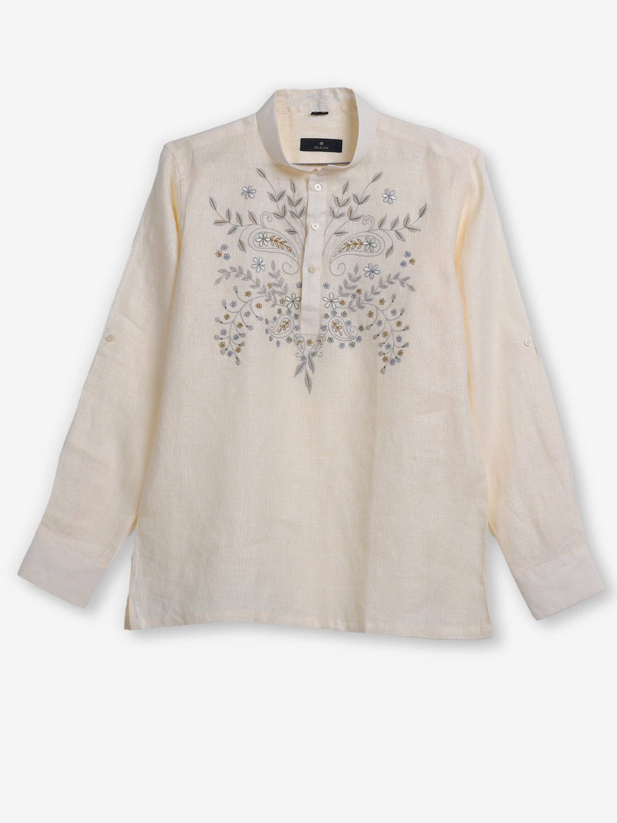 Cream linen embroidered men festive short kurta