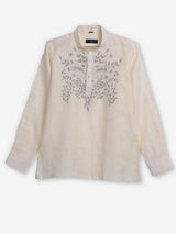 Cream linen embroidered men festive short kurta