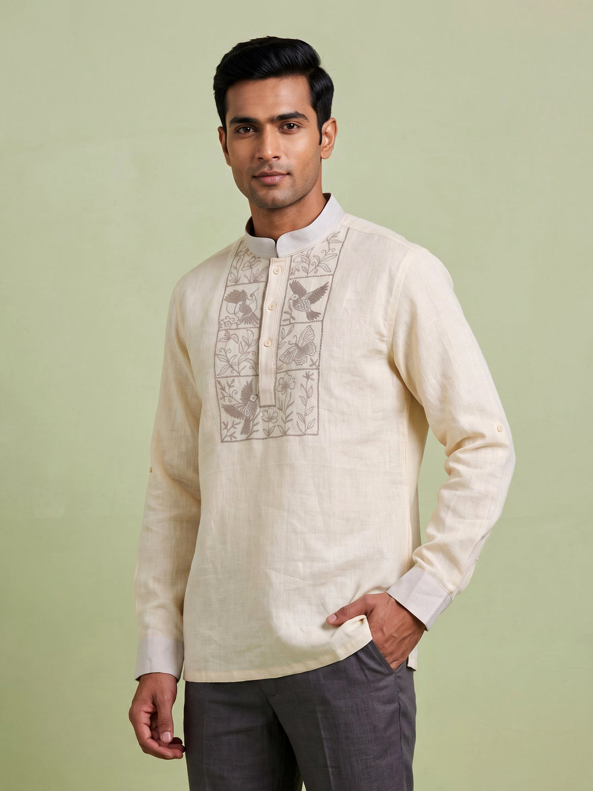 Butter yellow cotton linen embroidered men kurta