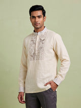 Butter yellow cotton linen embroidered men kurta