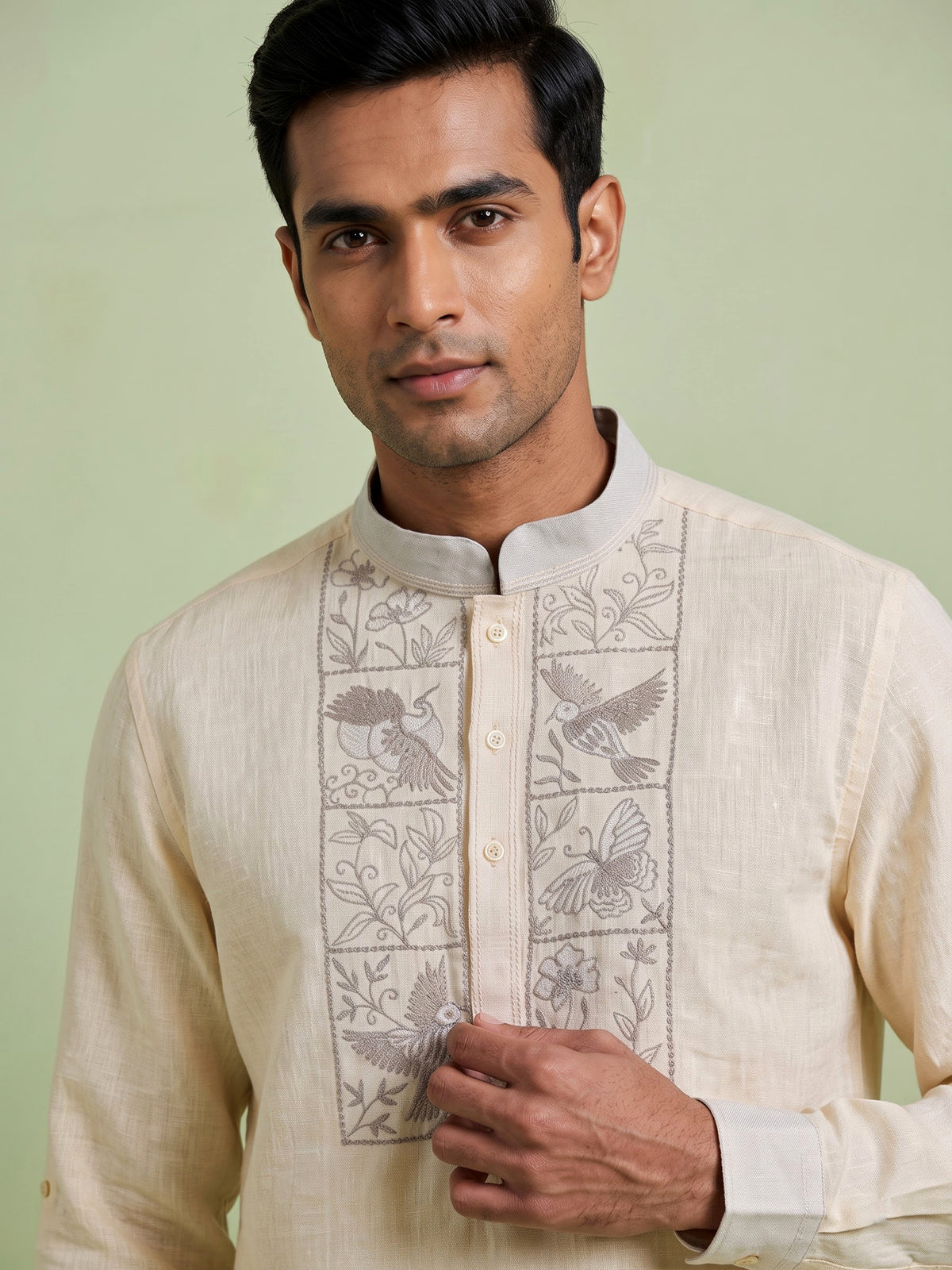 Butter yellow cotton linen embroidered men kurta
